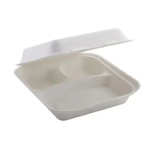 8" Square Bagasse 3-Comp Clamshells (D4303_P5)