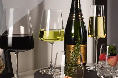 Elegant glassware with prosecco and wine.