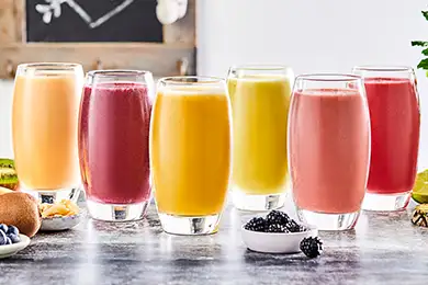 Fresh fruit smoothies on display.