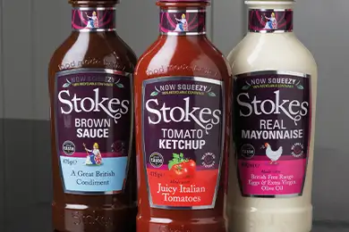 Three Stokes sauces: brown, ketchup, and mayonnaise.